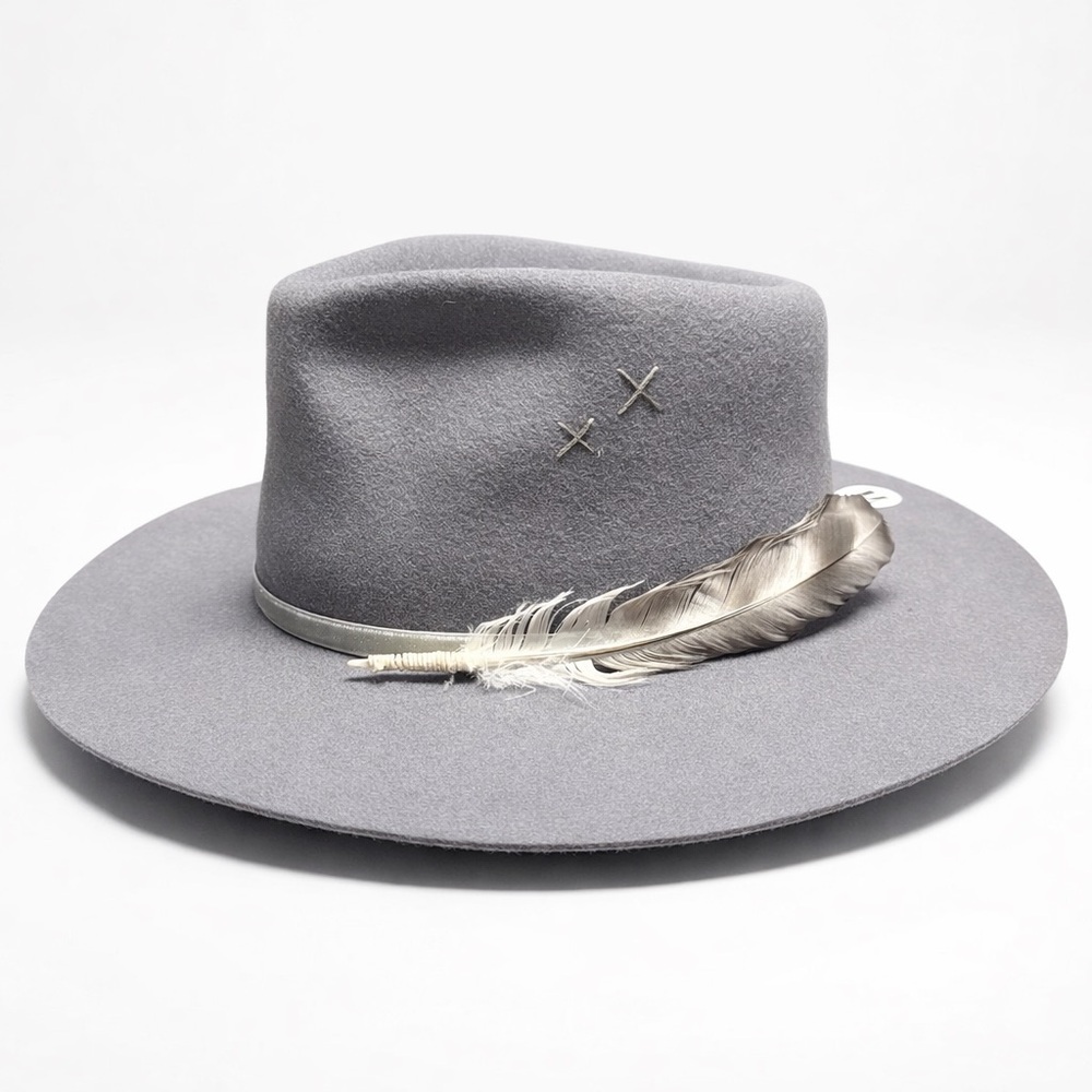 Grey Wide-Brim Fedora Hat with Feather, Crystal, Suede Band Size M 21.5”